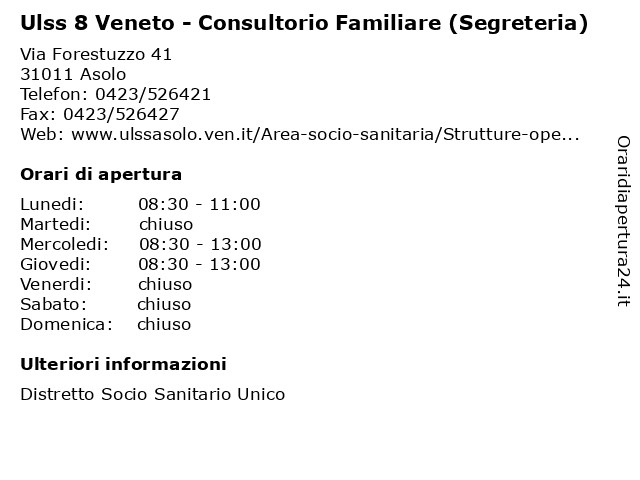 Orari di apertura Ulss 8 Veneto Consultorio Familiare